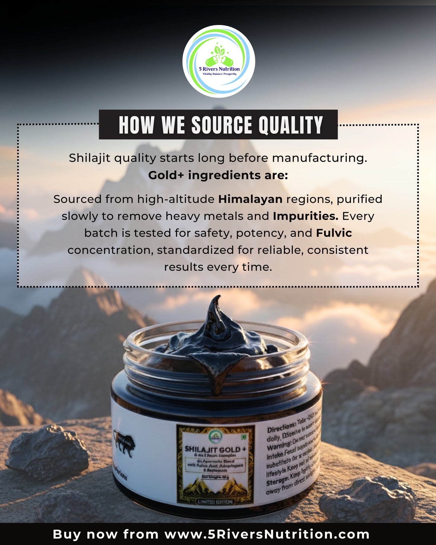 Shilajit Gold+ resin jar on mountain rock with text about quality sourcing from high-altitude Himalayan regions and impurity removal
