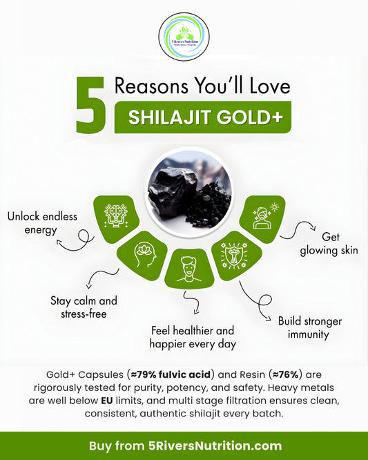 Infographic showing five reasons to love Shilajit Gold+, highlighting benefits like endless energy, stress relief, glowing skin, happiness and immunity on white background