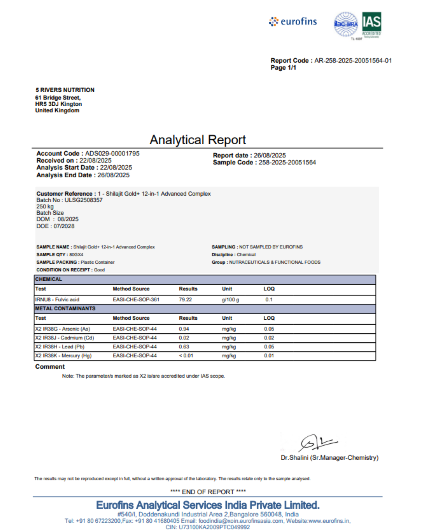 Analytical report from Eurofins with test results and company branding.