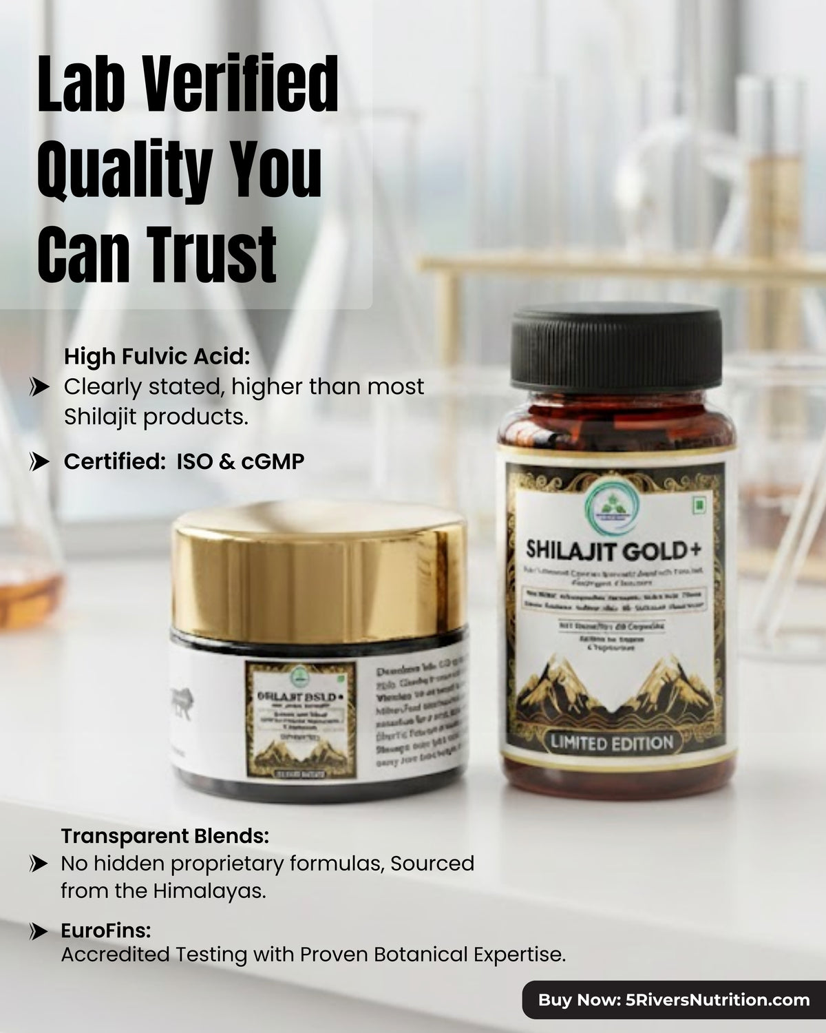 Lab verified quality poster with Shilajit Gold+ capsules and resin jar, highlighting high fulvic acid and ISO & cGMP certification