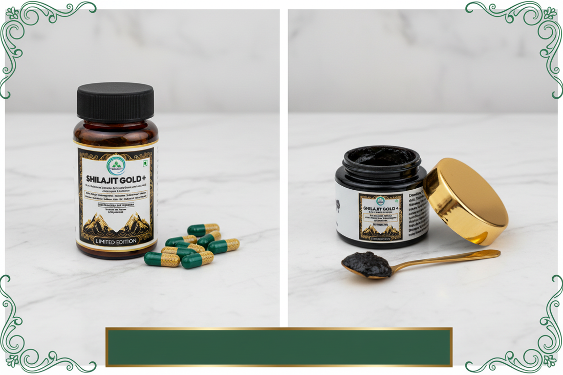 5 Rivers Nutrition Shilajit Gold+ Capsules and Resin side by side