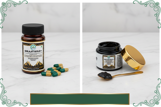 5 Rivers Nutrition Shilajit Gold+ Capsules and Resin side by side