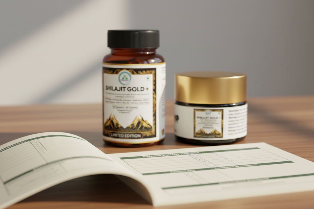 Shilajit Gold+ Capsules bottle and Resin jar beside an abstract laboratory report