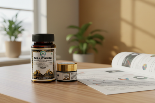 Shilajit Gold+ Capsules and Resin by 5 Rivers Nutrition on an earthy green and gold background