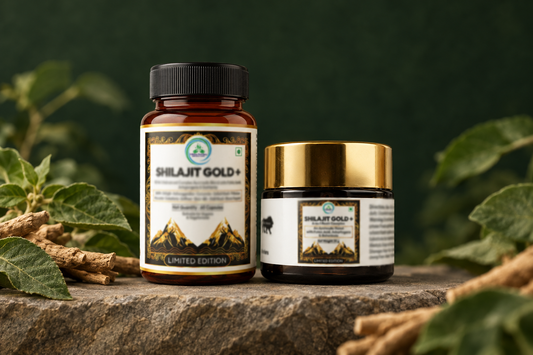 Illustration of two Shilajit Gold+ supplement containers beside botanical leaves and roots.