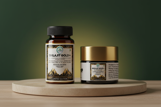 Shilajit Gold+ Capsules and Resin by 5 Rivers Nutrition on a deep green and gold background