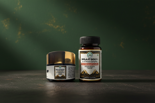 Shilajit Gold+ Resin jar and Capsule bottle stored correctly on a cool, dry surface — 5 Rivers Nutrition