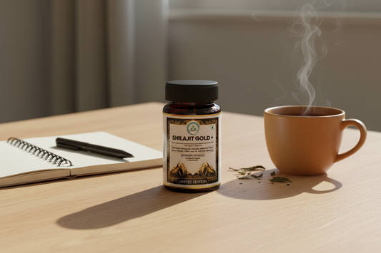 5 Rivers Nutrition Shilajit Gold+ Capsule bottle on a natural surface with a notebook and warm tea — editorial flat-lay for a supplement reviews and trust article