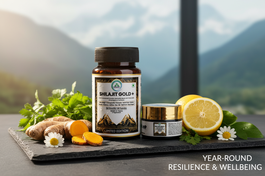 5 Rivers Nutrition Shilajit Gold+ capsules and resin surrounded by natural wellness ingredients including ginger, turmeric and lemon, representing immune resilience and year-round vitality