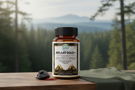 Shilajit Gold+ capsule bottle against a natural mountain landscape background, representing the evidence-based approach to Shilajit and testosterone research by 5 Rivers Nutrition