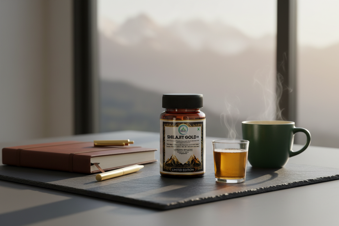 5 Rivers Nutrition Shilajit Gold+ capsules on a dark slate desk with leather notebook, ceramic coffee cup and warm golden resin drink, representing energy and resilience for busy professionals