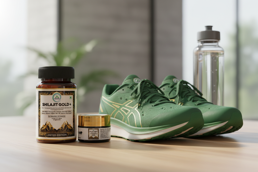 Shilajit Gold+ Capsules and Resin by 5 Rivers Nutrition on an earthy green and gold background