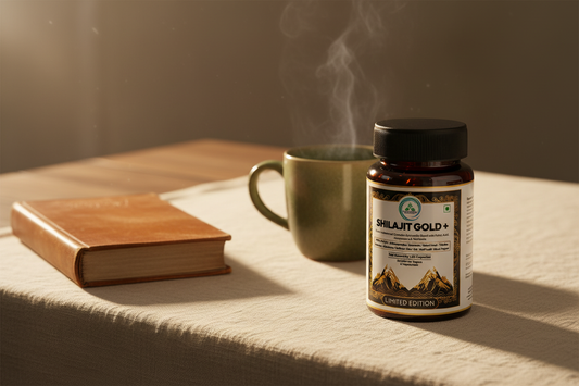 Shilajit Gold+ Capsules beside a morning journal and warm drink — vitality and resilience routine, not a mood cure | 5 Rivers Nutrition