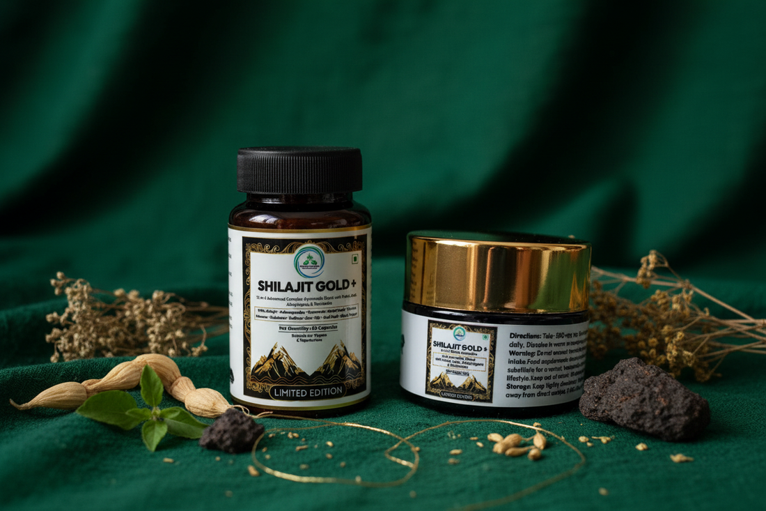 Shilajit Gold+ capsules and resin by 5 Rivers Nutrition on a forest-green and gold background — Ayurvedic Rasayana formula for memory and healthy cognitive ageing