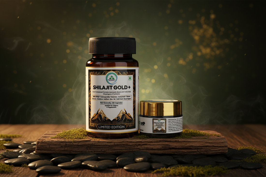 Shilajit Gold+ capsules and resin on an earthy green and gold background — 5 Rivers Nutrition