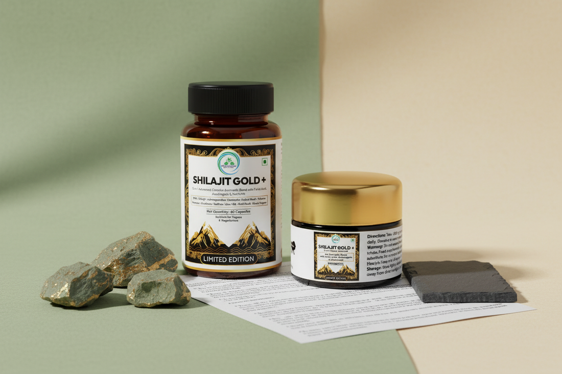 Shilajit Gold+ capsules and resin jar beside a printed Eurofins lab report, illustrating the cost and value of purified Himalayan Shilajit.