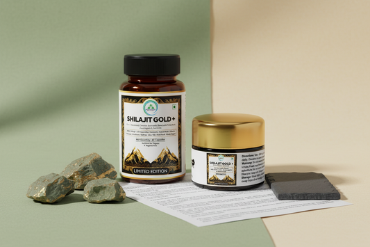 Shilajit Gold+ capsules and resin jar beside a printed Eurofins lab report, illustrating the cost and value of purified Himalayan Shilajit.