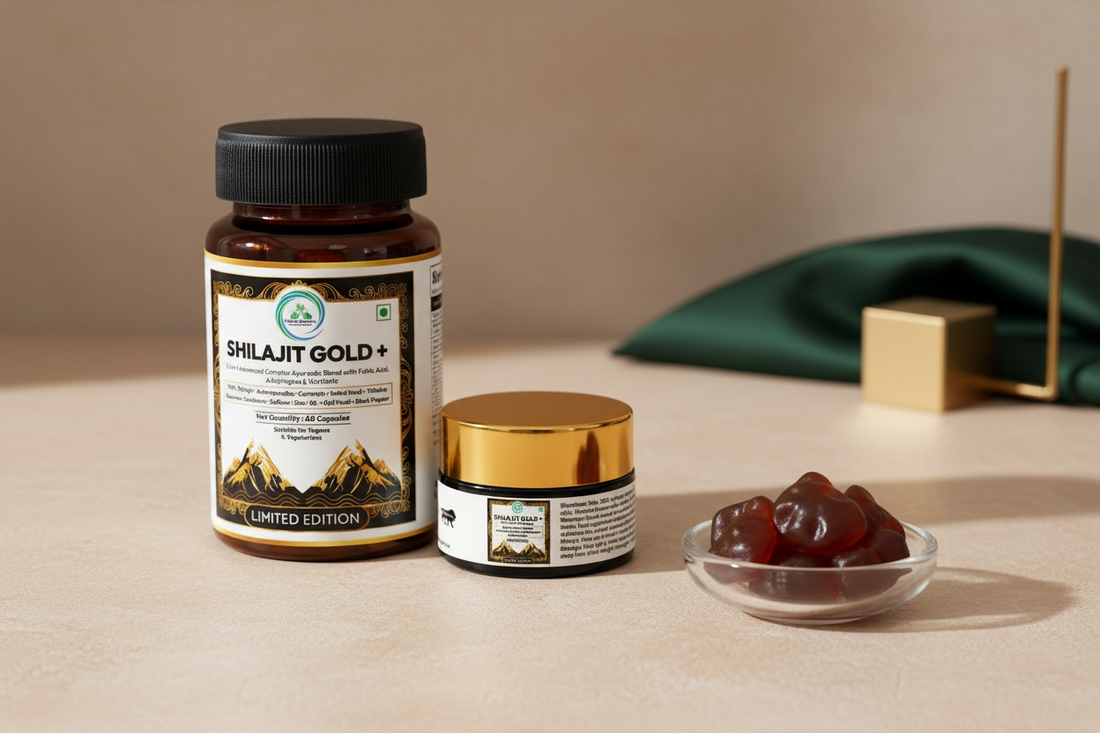 Shilajit Gold+ Capsules and Resin from 5 Rivers Nutrition beside a dish of unbranded Shilajit gummies, comparing the three formats.