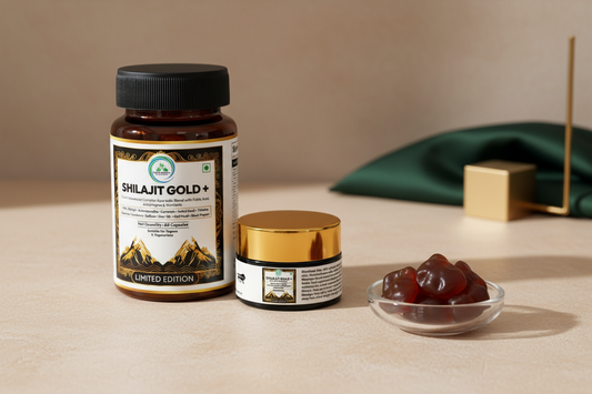 Shilajit Gold+ Capsules and Resin from 5 Rivers Nutrition beside a dish of unbranded Shilajit gummies, comparing the three formats.