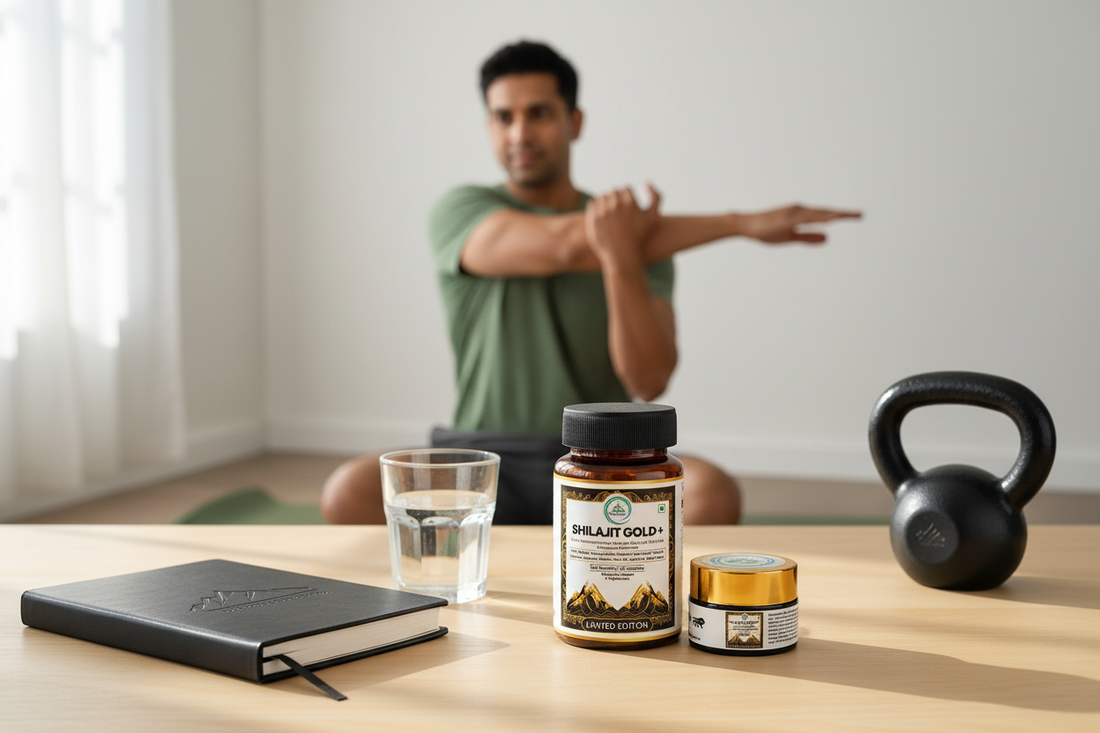 5 Rivers Nutrition Shilajit Gold+ Capsules and Resin beside a training notebook and glass of water in a calm morning workout setting