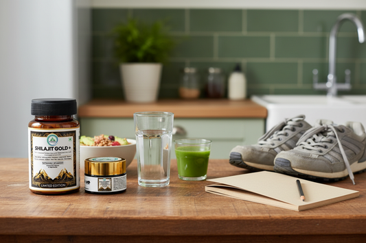 5 Rivers Nutrition Shilajit Gold+ Capsules and Resin beside a balanced breakfast, water, walking shoes and a routine notebook