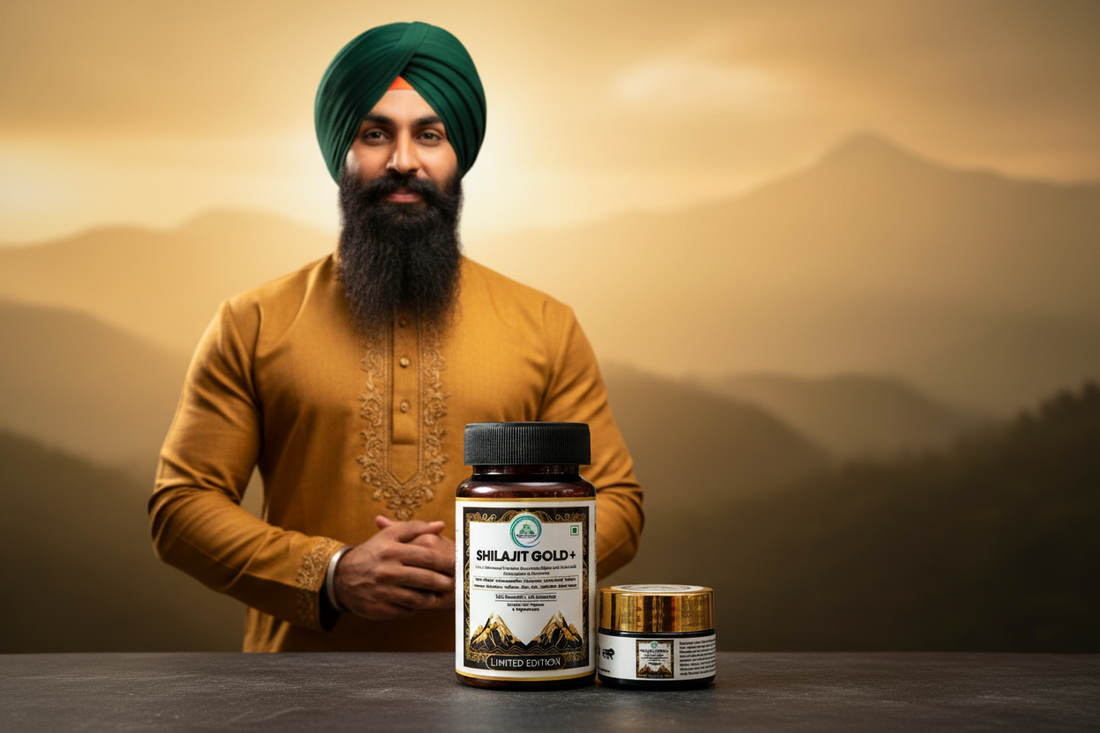 Vital Sikh man with long beard and dastar turban radiating energy and stamina alongside 5 Rivers Nutrition Shilajit Gold+ products for metabolism and energy support