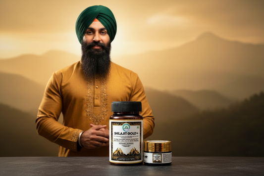 Vital Sikh man with long beard and dastar turban radiating energy and stamina alongside 5 Rivers Nutrition Shilajit Gold+ products for metabolism and energy support