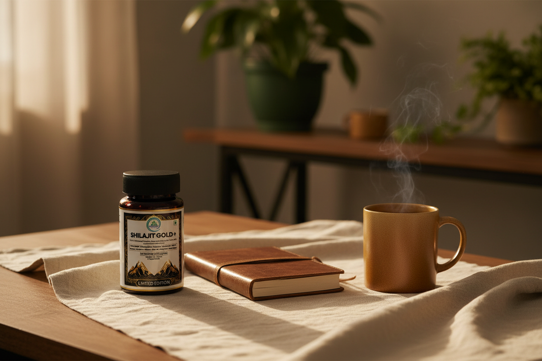 Shilajit Gold+ Capsules beside a morning notebook and ceramic mug — calm daily routine, not a burnout cure | 5 Rivers Nutrition
