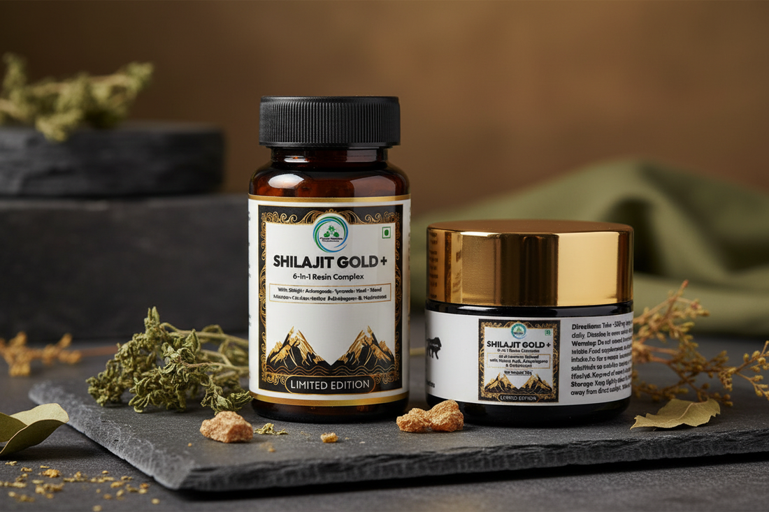 Shilajit Gold+ capsules and resin by 5 Rivers Nutrition — independently lab-tested Ayurvedic Rasayana supplement