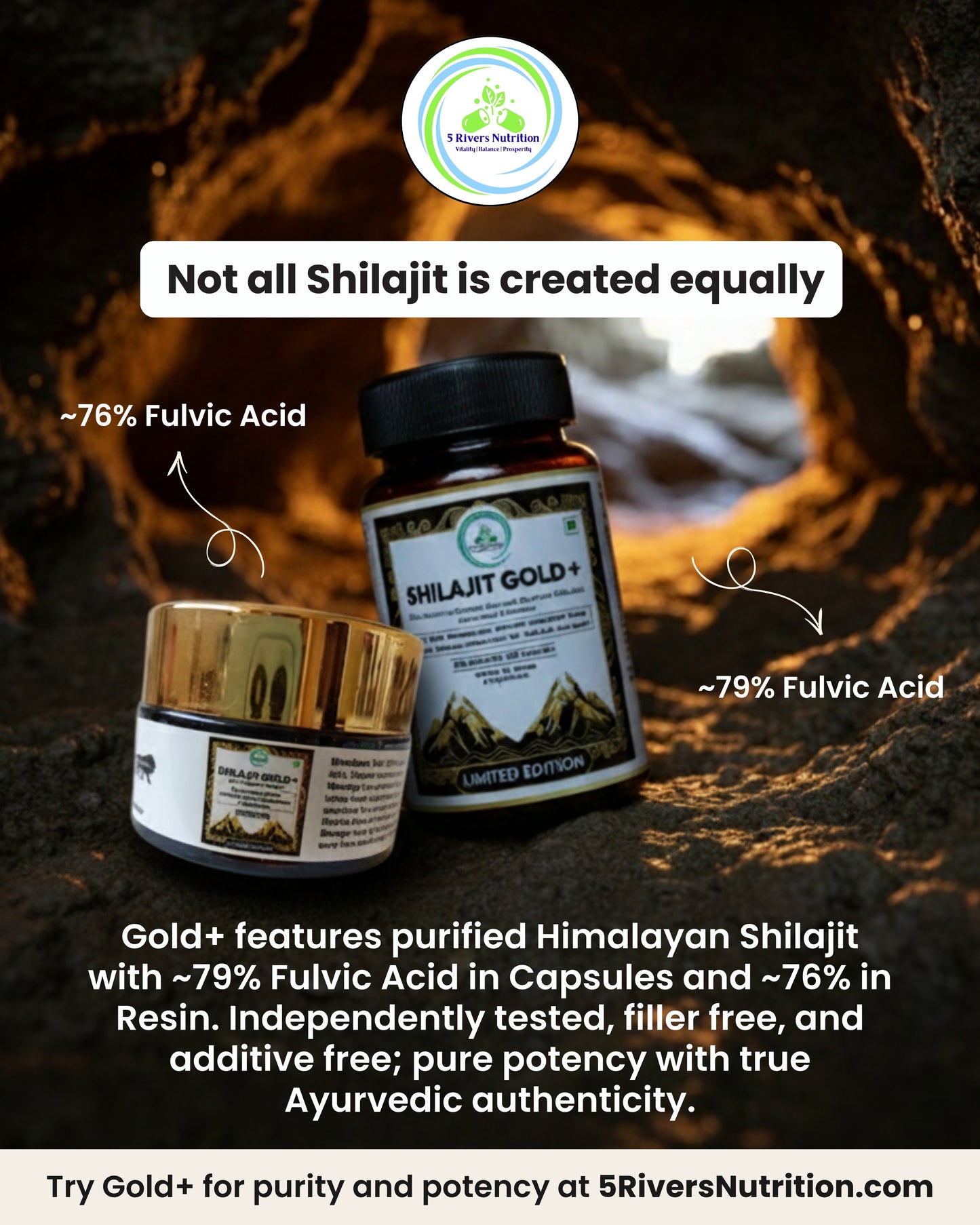 Infographic featuring two Shilajit Gold+ products (capsules and resin) showing high fulvic acid percentages (~79% and ~76%) with text 'Not all Shilajit is created equally' on a natural cave background and purity and potency details.