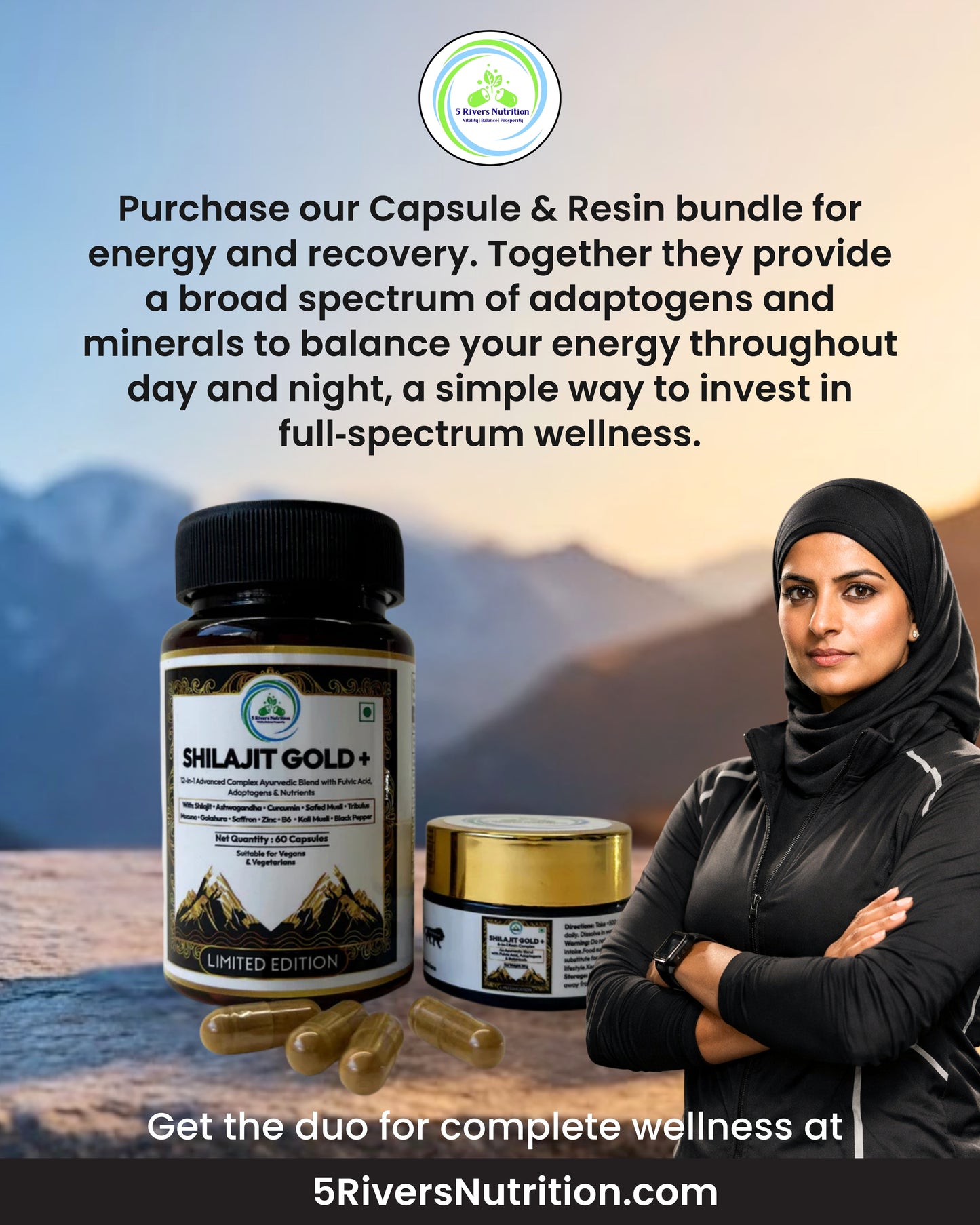 Marketing image showing Shilajit Gold+ supplement bottle and resin jar with capsules beside a woman in front of mountains, illustrating benefits like energy, recovery and full-spectrum wellness.
