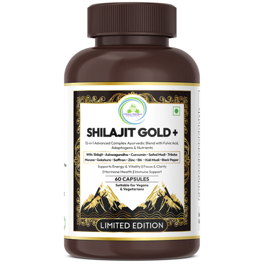 Shilajit Gold+ capsules bottle – limited edition, 60 capsules with mountain design label on white background