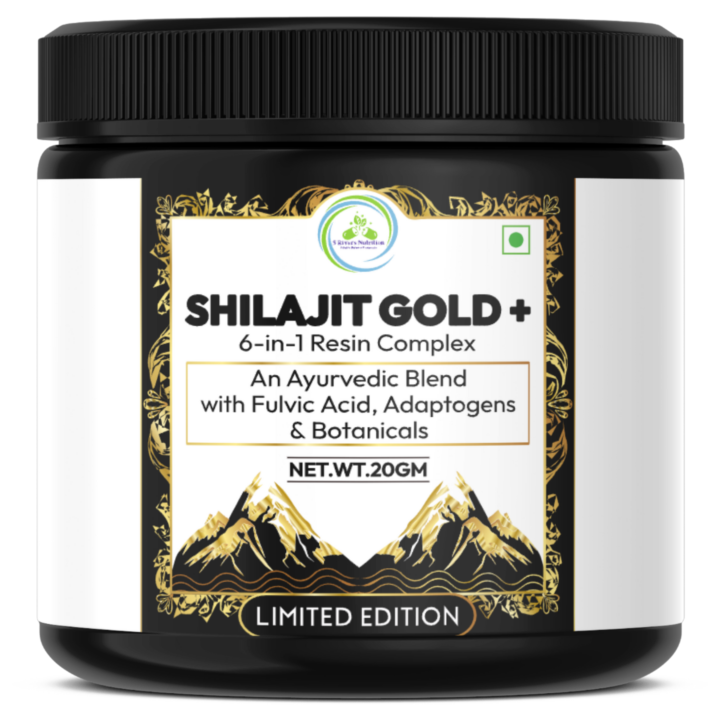 Shilajit Gold+ resin complex jar showing high‑fulvic Himalayan shilajit blend with adaptogens & botanicals, 20 g container