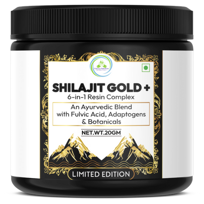Shilajit Gold+ resin complex jar showing high‑fulvic Himalayan shilajit blend with adaptogens & botanicals, 20 g container