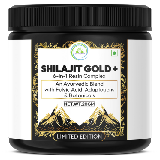 Shilajit Gold+ 6-in-1 resin complex container with black lid and decorative label, 20g limited edition