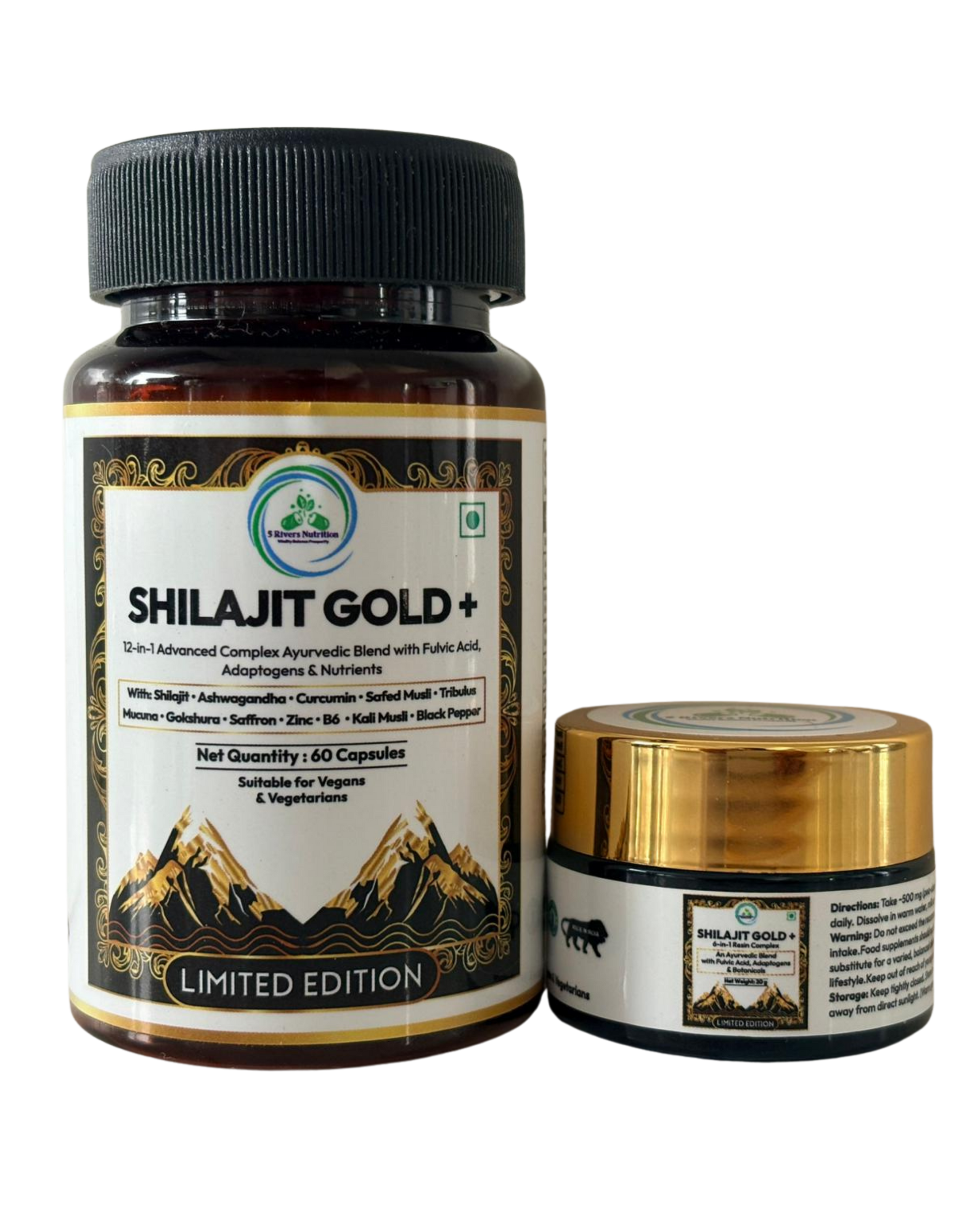 Shilajit Gold+ Bundle – Capsules & Resin | Save £5 | Eurofins Lab-Tested, 100% Vegan | 5 Rivers Nutrition