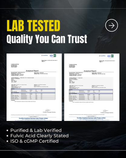 Banner showing 'Lab Tested Quality You Can Trust' headline with two lab test reports on a dark background, highlighting that Shilajit products are purified, lab-verified, with fulvic acid clearly stated, ISO and cGMP certified.