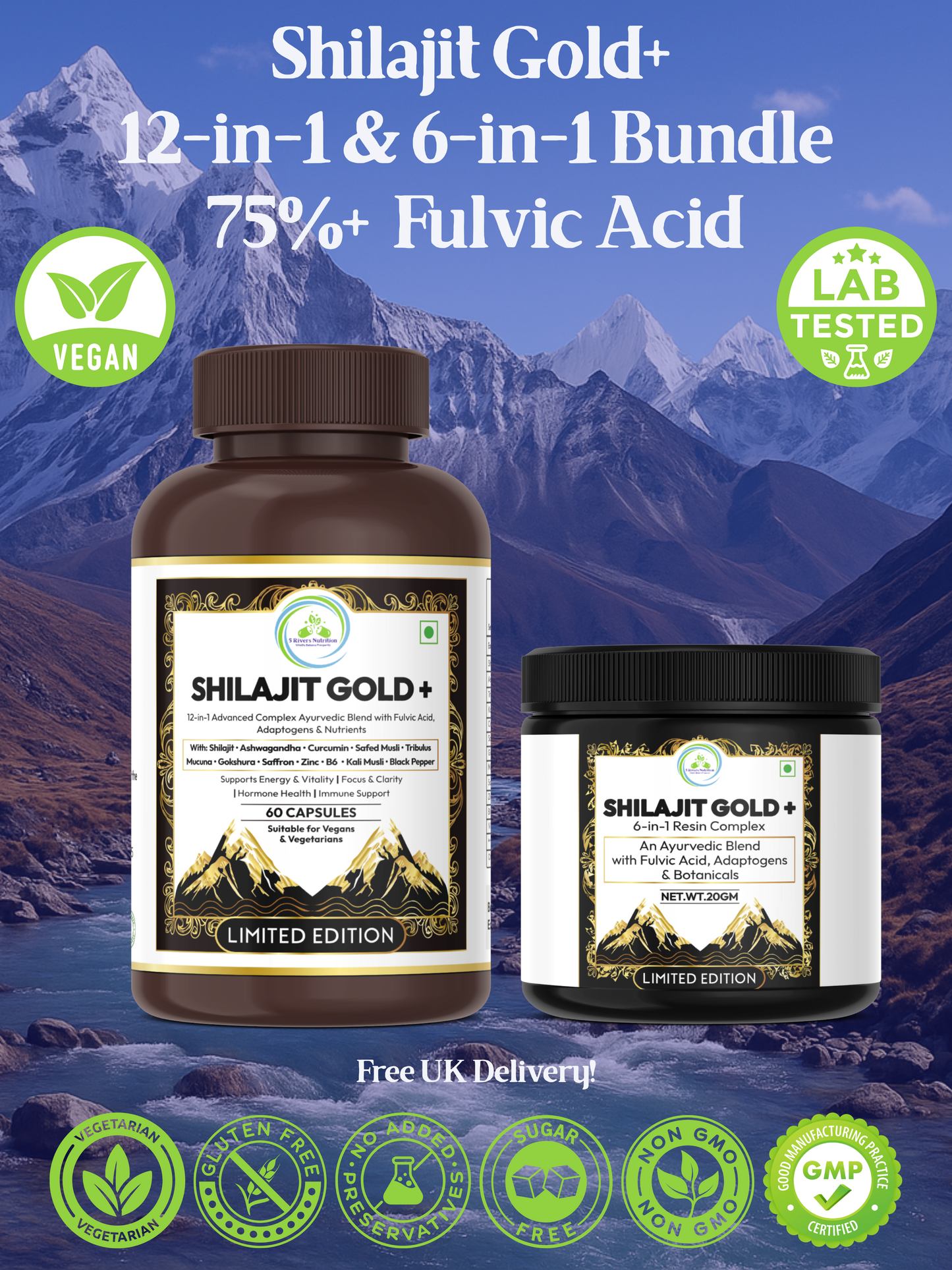 Shilajit Bundle: 60 High‑Fulvic Capsules + 20 g Resin • Vegan Ayurvedic Supplement Set