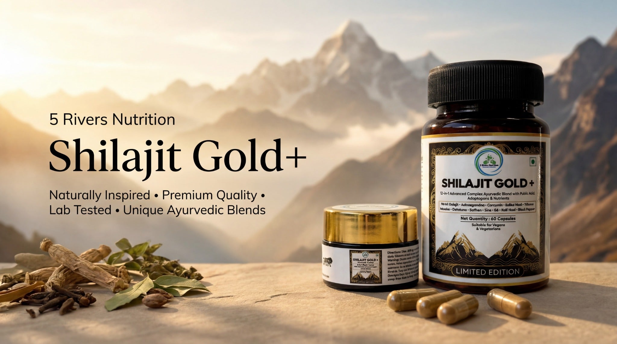 Shilajit Gold+ supplement bottle and resin jar displayed on a mountain backdrop with herbs and capsules, featuring 5 Rivers Nutrition banner text about premium quality and Ayurvedic blends.