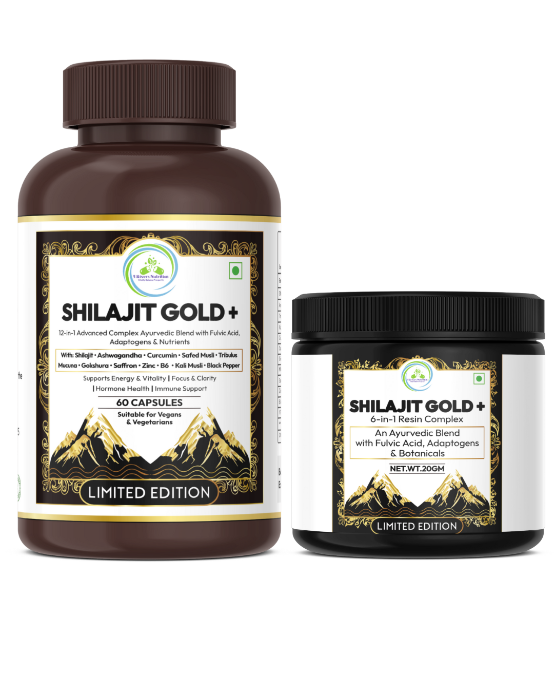 Shilajit Gold+ bundle with 60 vegan capsules and 20 g resin jar; high-fulvic adaptogen blend with ashwagandha, curcumin and saffron, limited edition packaging.