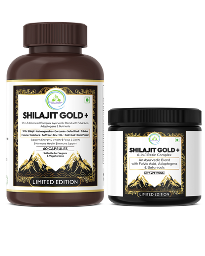 Shilajit Gold+ bundle with 60 vegan capsules and 20 g resin jar; high-fulvic adaptogen blend with ashwagandha, curcumin and saffron, limited edition packaging.