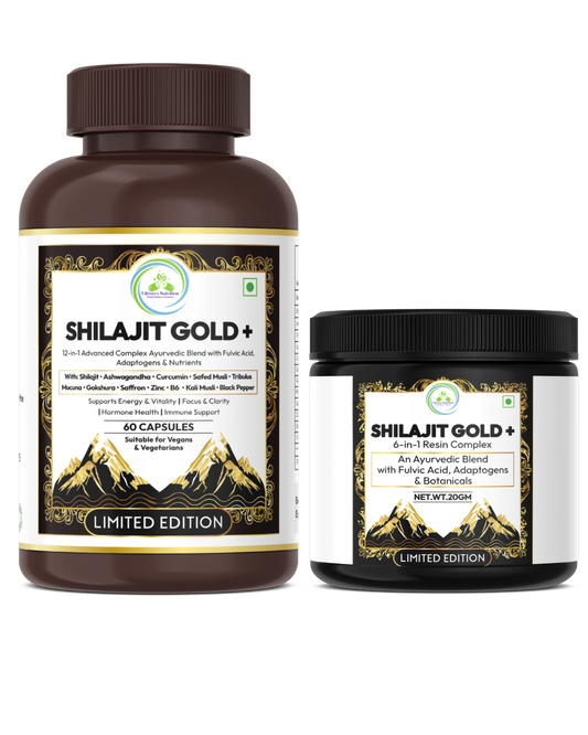 Shilajit Gold+ bundle with 60-capsule bottle and 20 g resin jar on white background