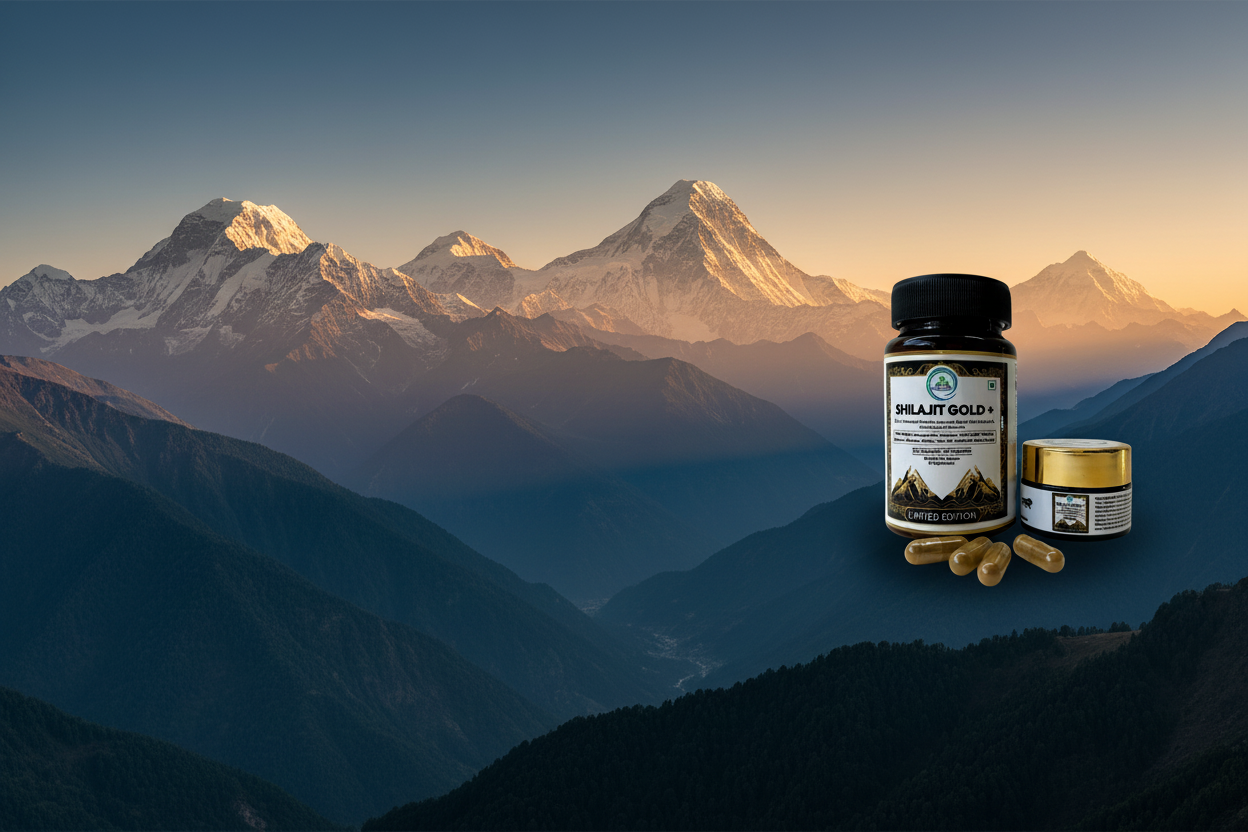 5 Rivers Nutrition Shilajit Gold+ Capsules and Resin products against Himalayan mountain backdrop