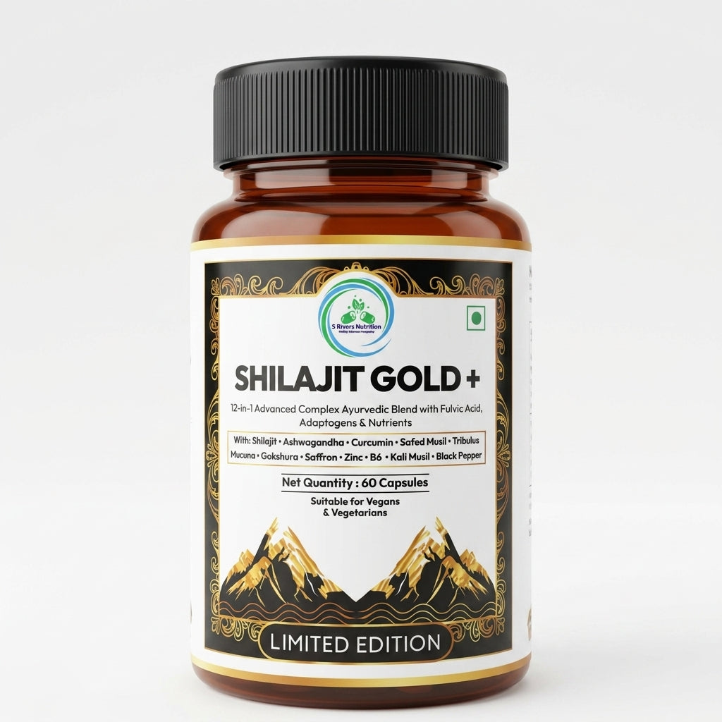 A bottle of Shilajit Gold+ Ayurvedic supplement with a black cap and a white label featuring gold accents and mountain graphics, set against a plain light gray background.