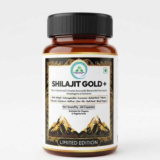 A bottle of Shilajit Gold+ Ayurvedic supplement with a black cap and a white label featuring gold accents and mountain graphics, set against a plain light gray background.