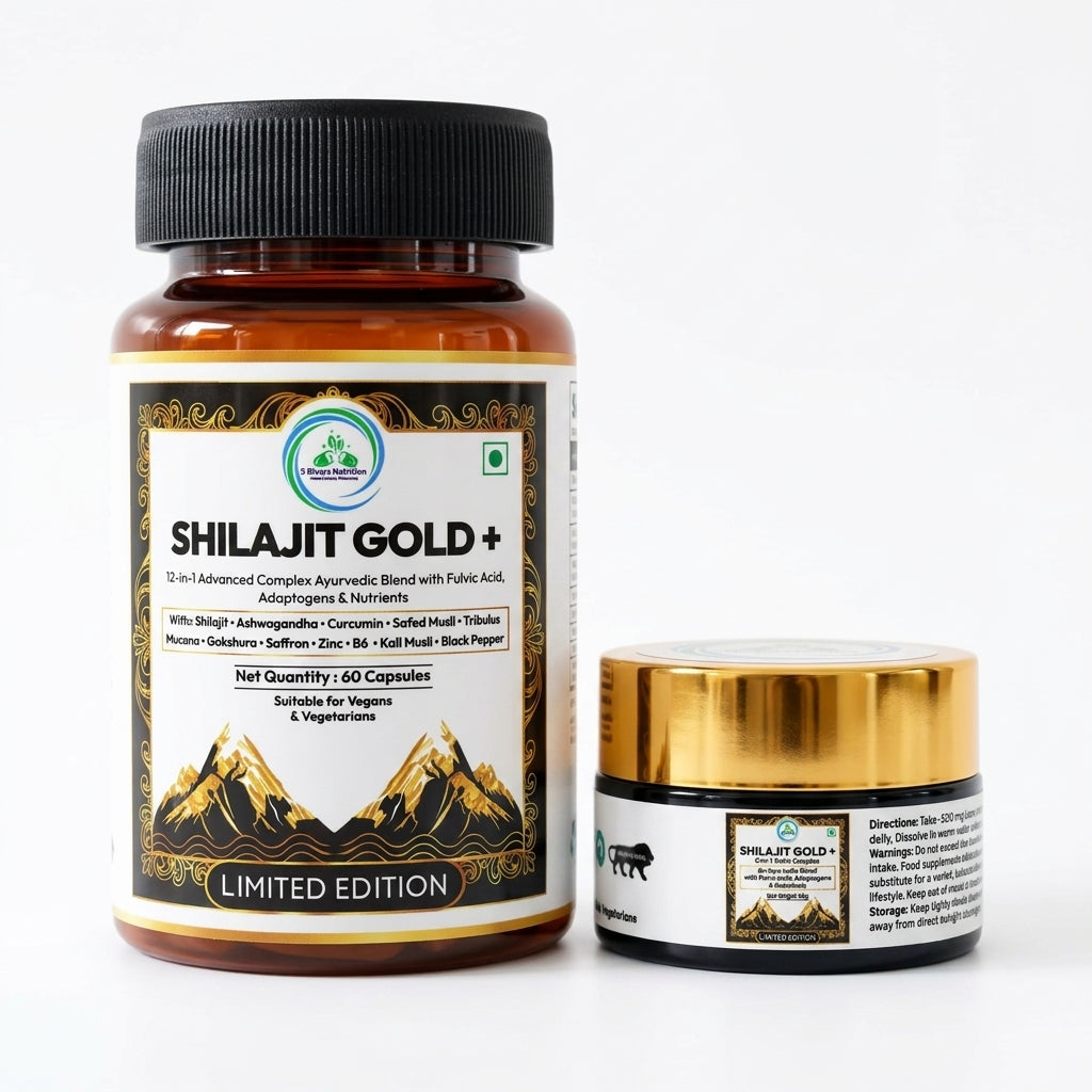 Shilajit Gold+ supplement shown in two containers: a brown bottle with a black cap and a small black jar with a shiny gold lid, both on a plain white background. The labels feature a mountain graphic and the brand name Shilajit Gold+.