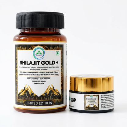 Shilajit Gold+ supplement shown in two containers: a brown bottle with a black cap and a small black jar with a shiny gold lid, both on a plain white background. The labels feature a mountain graphic and the brand name Shilajit Gold+.